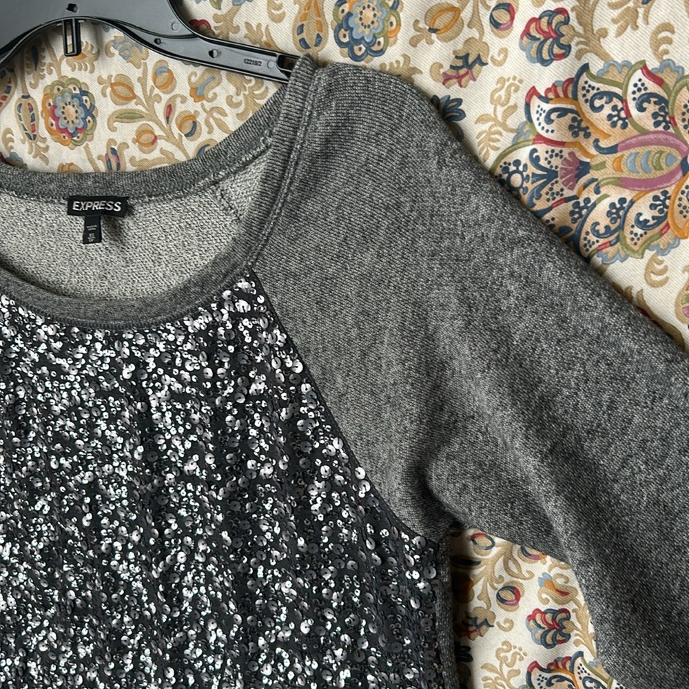 Express Gray/Silver Sequin Sweater Drop Shoulder … - image 4